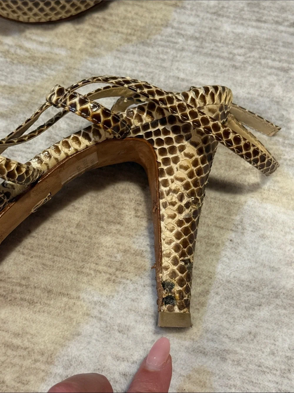 Women’s 7.5 Snake-Print Strappy Heels in Brown and Tan with platform